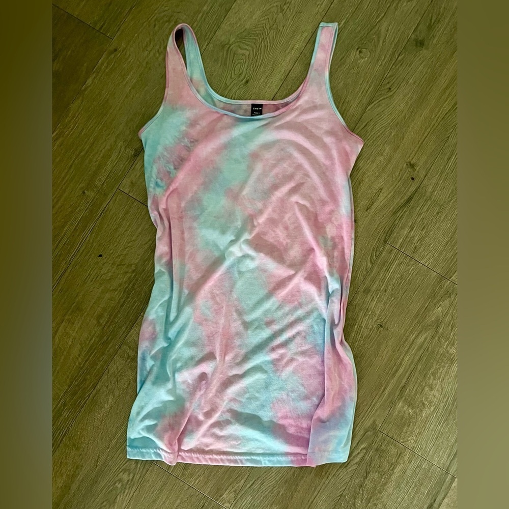Shein Petite L Tie Dye Tank Dress Soft Stretchy Pastel Summer Lounge beach pink‌